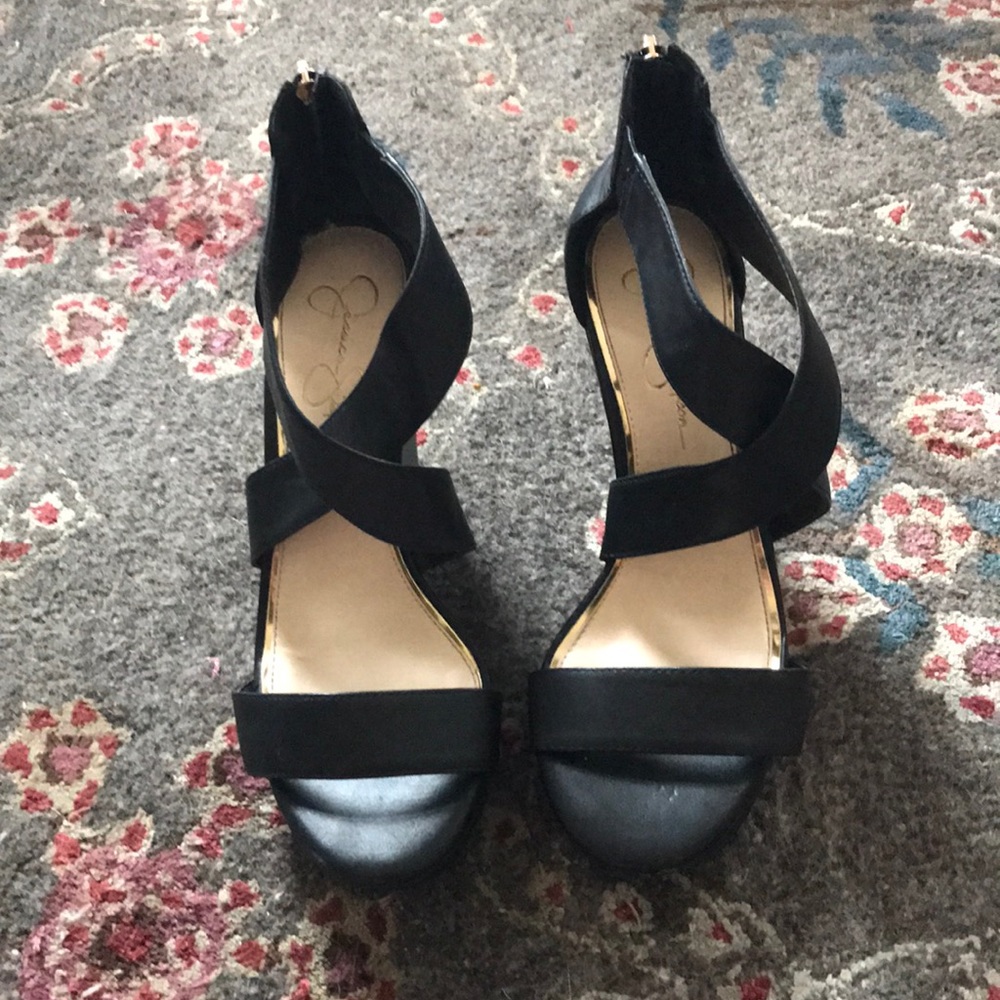 Jessica Simpson strappy black wedges sz 9